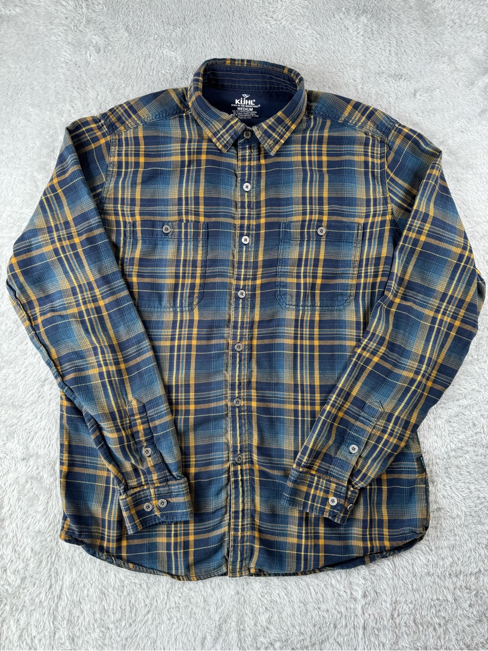 Kuhl Flannel Shirt‎ Medium Blue Yellow Plaid Button Up Outdoor Hiking - Picture 4 of 11
